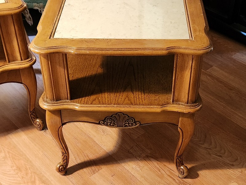 Antique, Vintage Mid Century, Solid Wood End Tables, Marble Inlay tops, clean! gallery