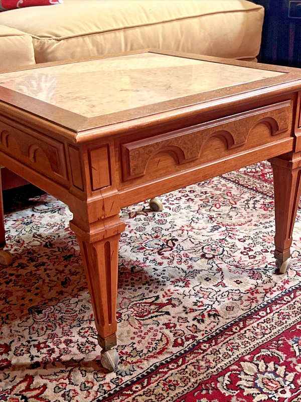 Vintage Travertine Marble Top Accent Side Table With Carved Wood Legs gallery