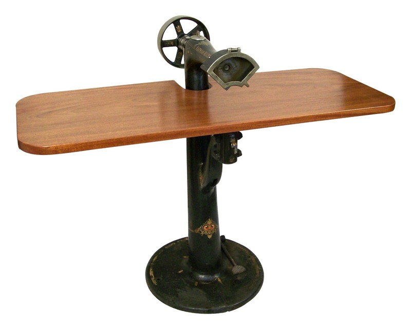  Mahogany table made from antique cast iron stitcher base see photos
