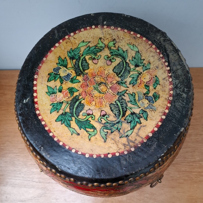Vintage Antique Style Tibetan Ceremonial Drum Table Handpainted Dragon Wood gallery
