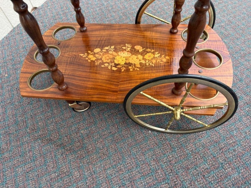 67588 Italian Inlaid Wood Tea Cart with Floral Marquetry and Brass Accents gallery