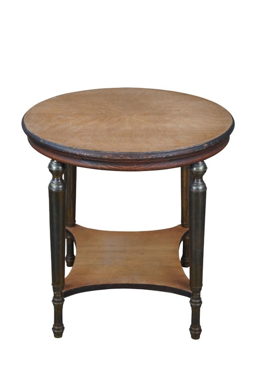 Mid Century French Empire Style Oak & Brass Round Gueridon Side End Table 25" gallery