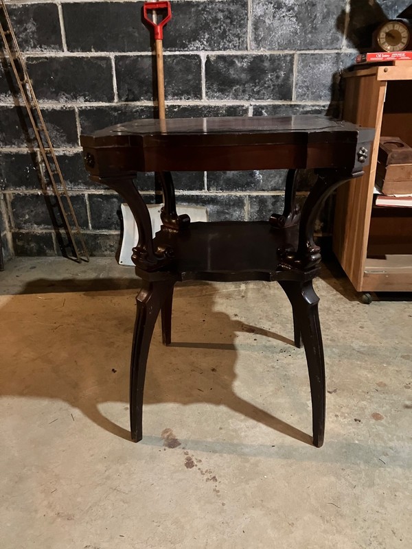 Rare Pair 1940s Mahogany Spider Leg Two Tier End Tables Gold Tooled Leather Tops gallery