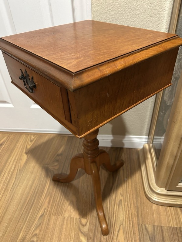 Antique Curly Tiger Maple Wood Side Table, Pedestal, DoveTail Drawer and 3 Legs gallery