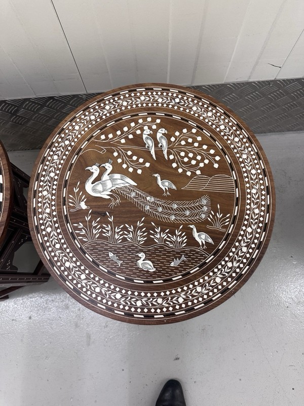 PAIR OF ANGLO INDIAN INLAID PEACOCK JUNGLE DESIGN FOLDING HOSHIARPUR TABLES gallery