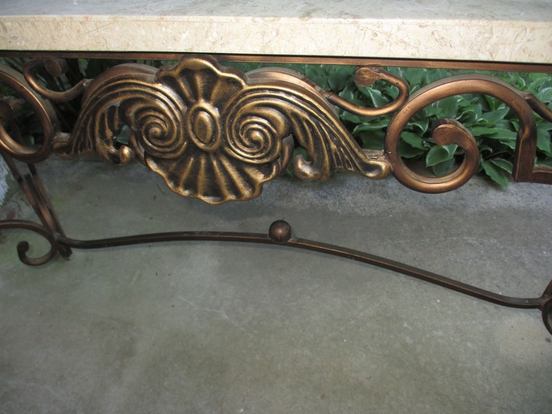 GORGEOUS! Vintage French Ornate Iron with Marble and Glass Top Console Table gallery