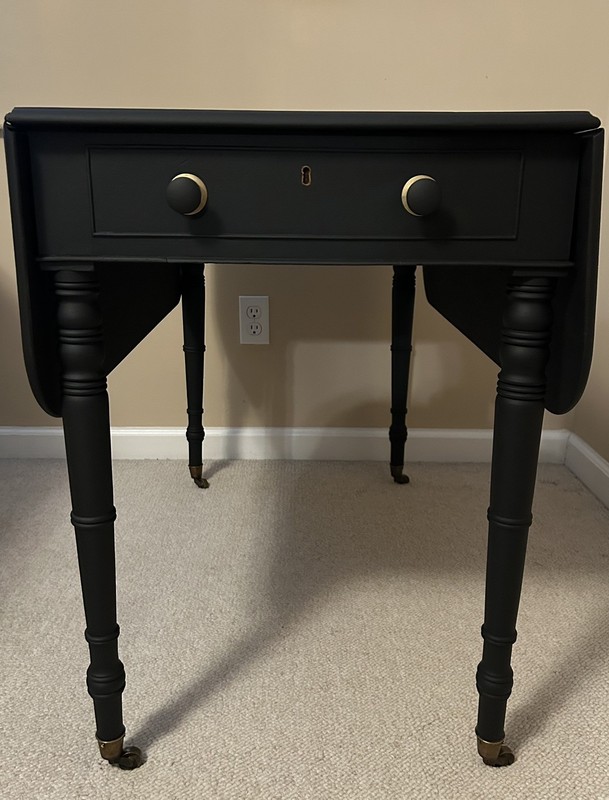 1890s Antique George 111 Sheraton (Matte Black) Drop Leaf Table on Brass Casters gallery