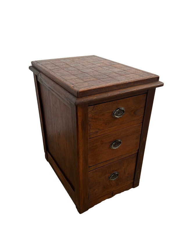 Antique Side Table, Nightstand, Three Drawers, Parquet Style Top, Walnut