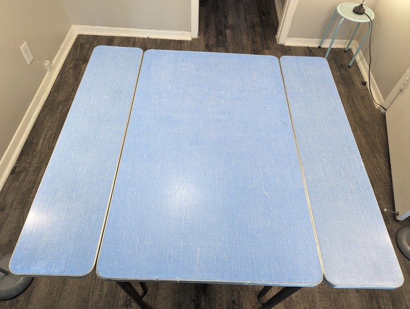 Vintage Blue Formica Table Pull Out Leaves And Chrome Edges And Utensil Drawer gallery