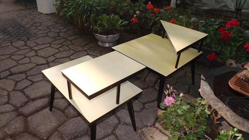 Very 1950s Mid Century Modern Pair 2 Tier Tri-Angle & Square Step End Tables gallery