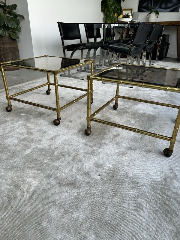 HOLLYWOOD REGENCY GOLDEN BAMBOO PAIR Of TABLE SET WITH 2 ON CASTORS 70’s