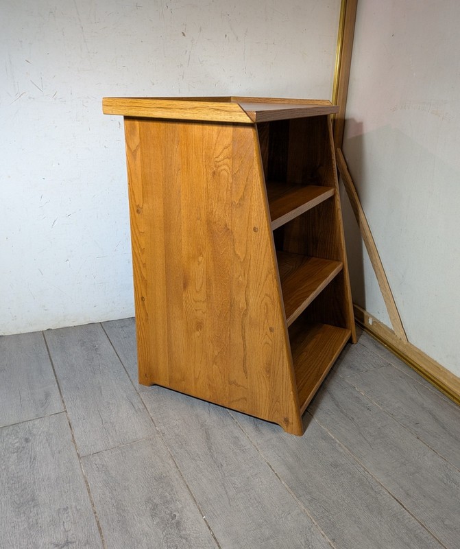 Vintage Mid Century Modern Oak Wood Telephone Table Slanted Nightstand Shelf A gallery
