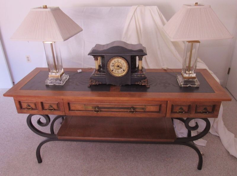 Oak Iron Base 3 Drawer Long Console with slate top