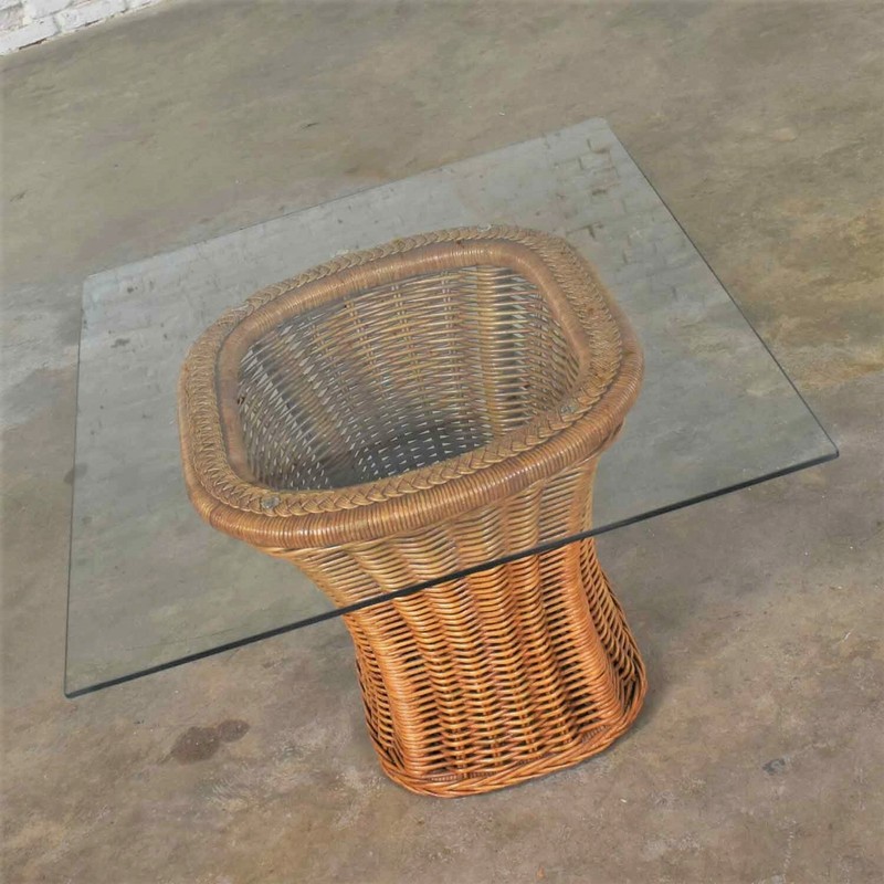 Vintage Organic Modern Woven Wicker Rattan Side or End Table w Rectangular Glass