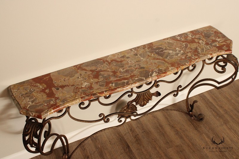 Rococo Style Custom Wrought Iron Marble Top Console Table gallery