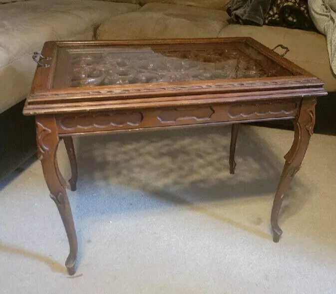 HAND CARVED WOOD WOODEN TEA SIDE TABLE w/REMOVABLE GLASS SERVING TRAY ANTIQUE