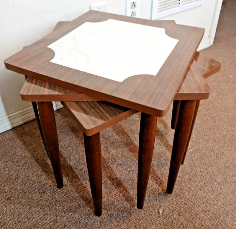 VINTAGE MCM SET OF 3 MARBLE LOOK INLAY FORMICA NESTING STACKING TABLES FREE SHIP