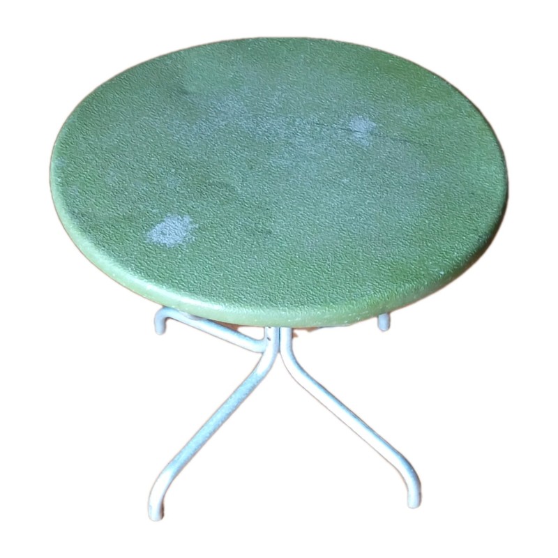 Vintage MCM Atomic Aluminum Patio Side Table Green Pebble Top Tripod 1950s 1960s gallery