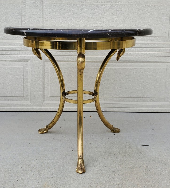 Mid Century Modern Custom Marble Top Brass Swan Neck 30" Table Hollywood Regency gallery