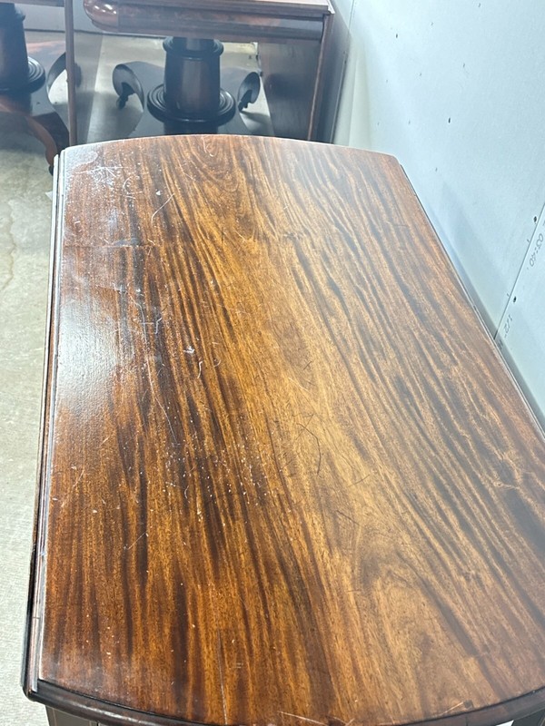 Antique drop leaf 1790 inlayed mahogany Hepplewhite brass figured top table gallery