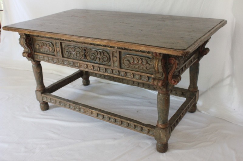 Polychrome Carved Spanish Baroque / Colonial Oak Refectory Table Circa (AF1-371) gallery