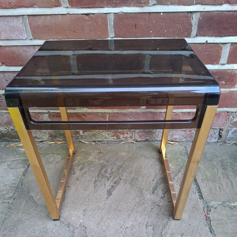 Vintage Marc Berthier for Prisunic Spaceage Brown Acrylic Gold Metal Side Table gallery