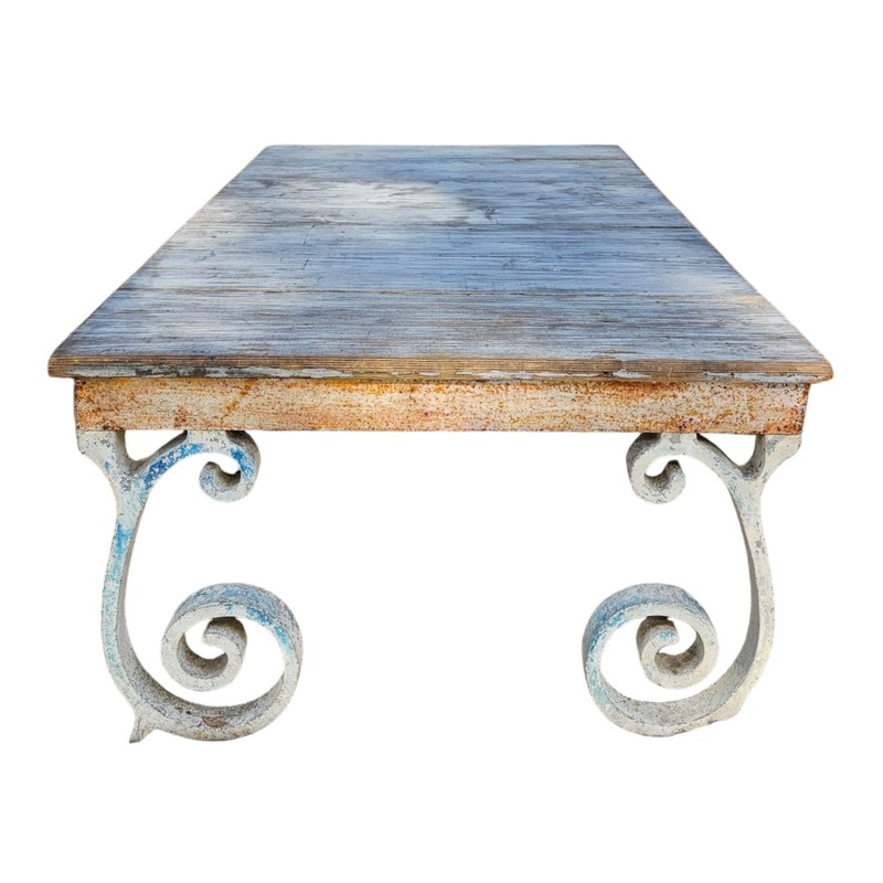 Vintage French Country Coffee Table Cast Iron Whitewashed Wood Top 50's Coastal gallery