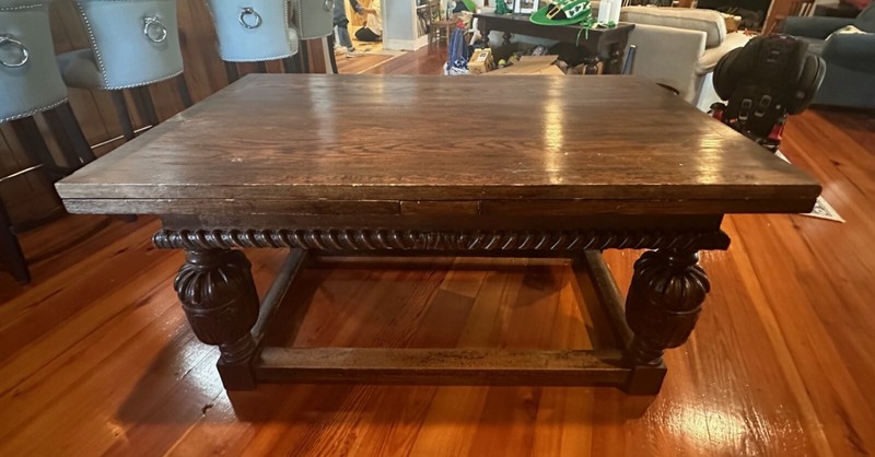 Antique English Oak Carved Draw Leaf Dining Center Console Refectory Table