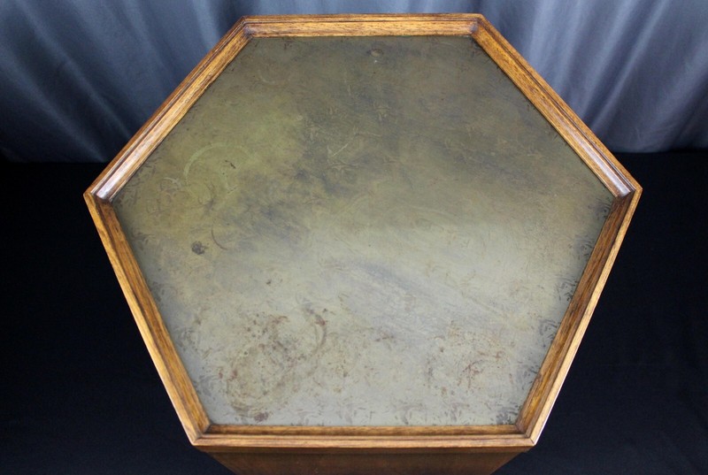 Lane ? hexagonal Walnut end side table, brass top, manner of Harvey Probber gallery