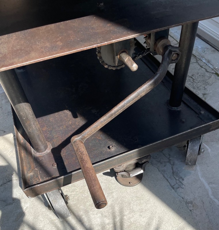 AMAZING LARGE HEAVY METAL VINTAGE INDUSTRIAL MECHANICAL TELESCOPING TABLES (2) gallery