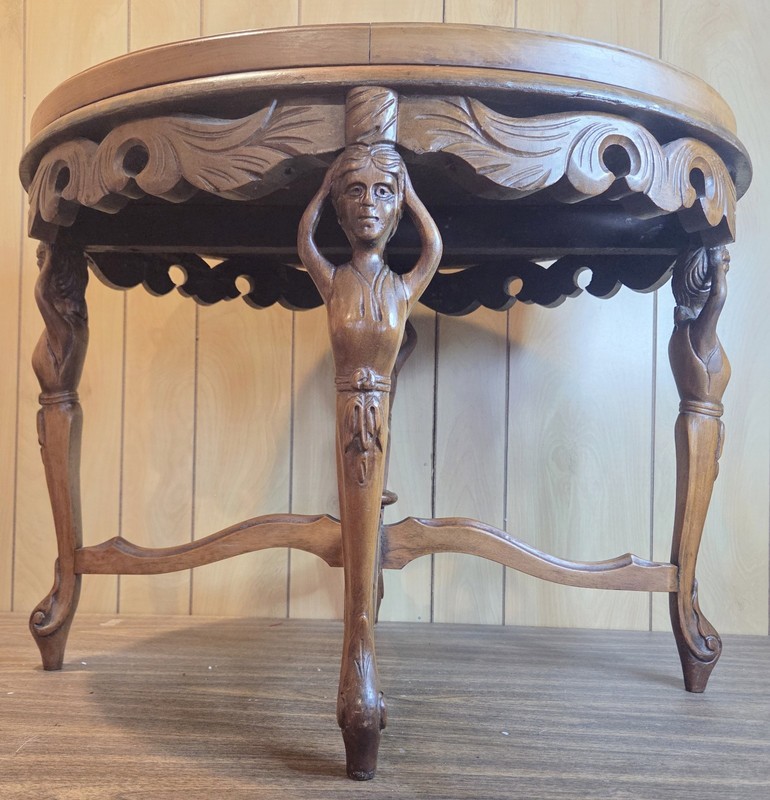 Antique French Renaissance Oval Accent Table Carved Wood Figural Maidens Glass gallery