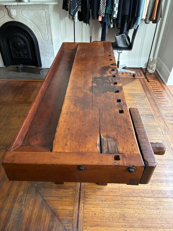 ANTIQUE 80" CARPENTERS WORKBENCH SOLID HARDWOOD JOINER'S BENCH 2 ORIGINAL VISES gallery