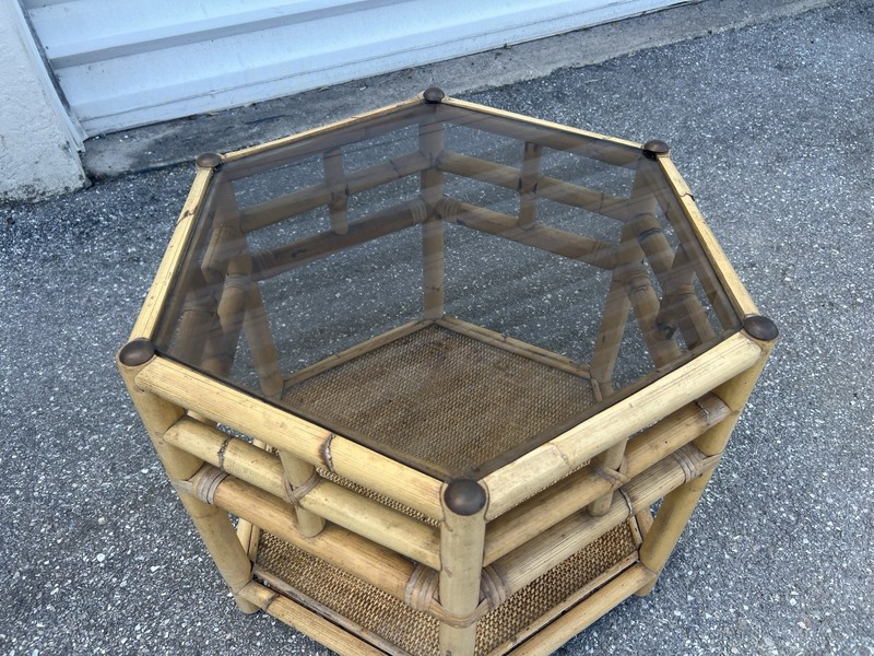 VTG Mid Century Tortoise Shell Rattan Bamboo Hexagon Glass Top Side/End Table gallery