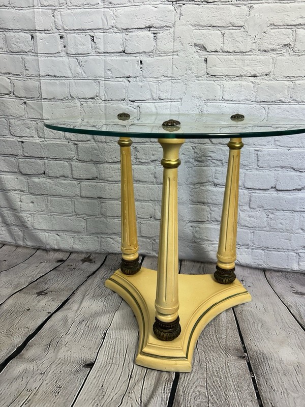 Hollywood Regency Accent Table Round Glass Top, Gilt Finished Base With 3 Legs gallery