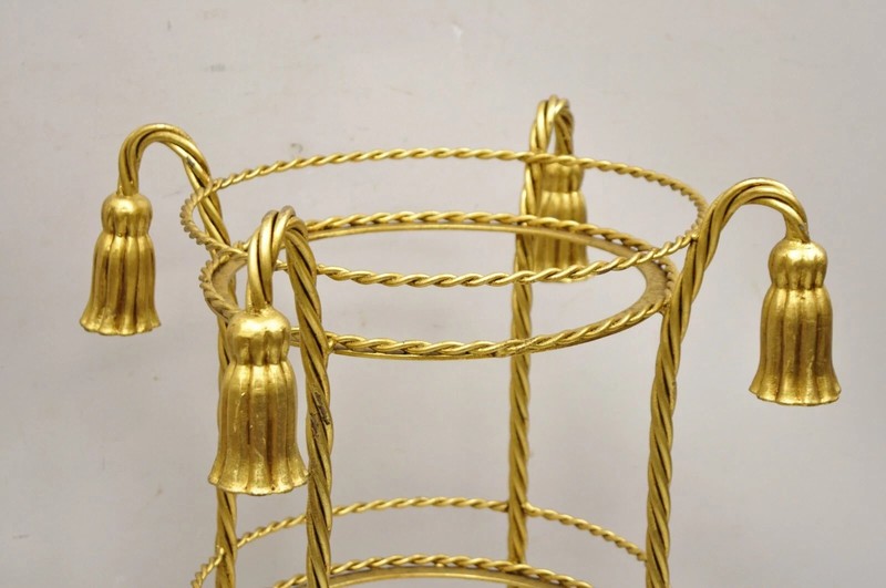 Vintage Italian Hollywood Regency 3 Tier Gold Iron Rope Tassel Stand Side Table gallery