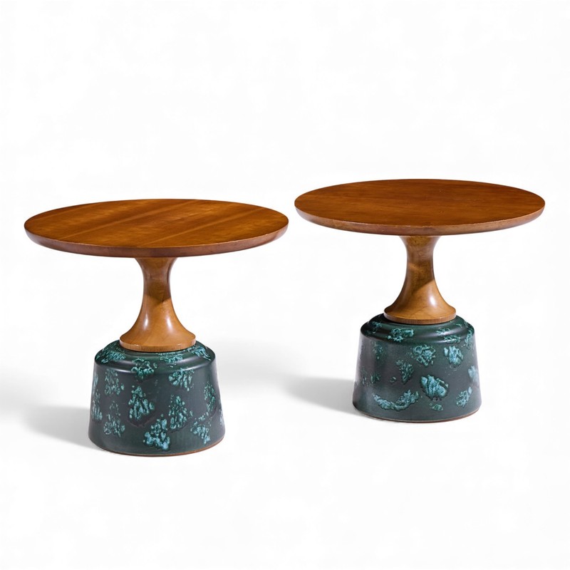 John Van Koert for Drexel Green Ceramic and Walnut Side End Tables - Pair gallery