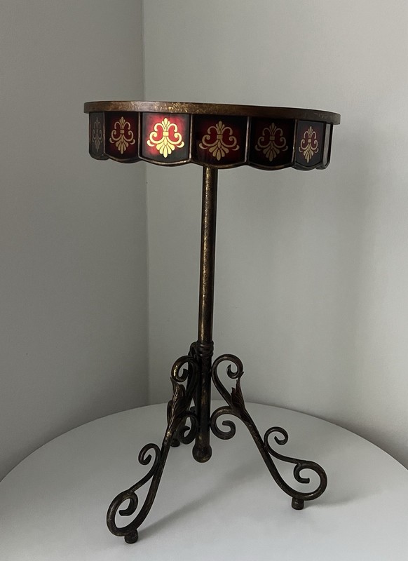 Gold &Red Italian Florentine Style Round Pedestal Accent Table 16”x27”H