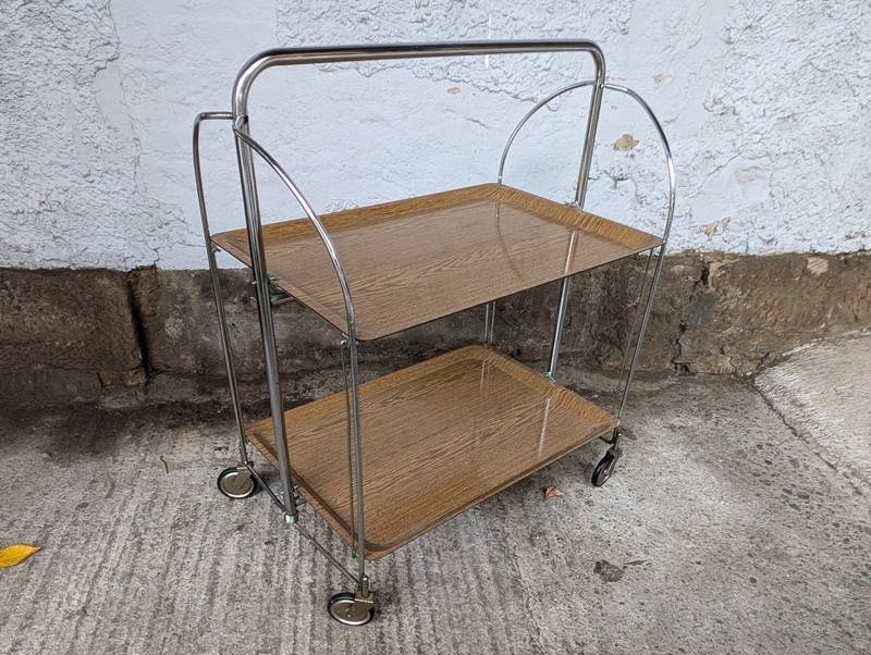 Dinet Serving Cart Tea Cart Table Side Table Bar Chrome 70s Oak 12 gallery