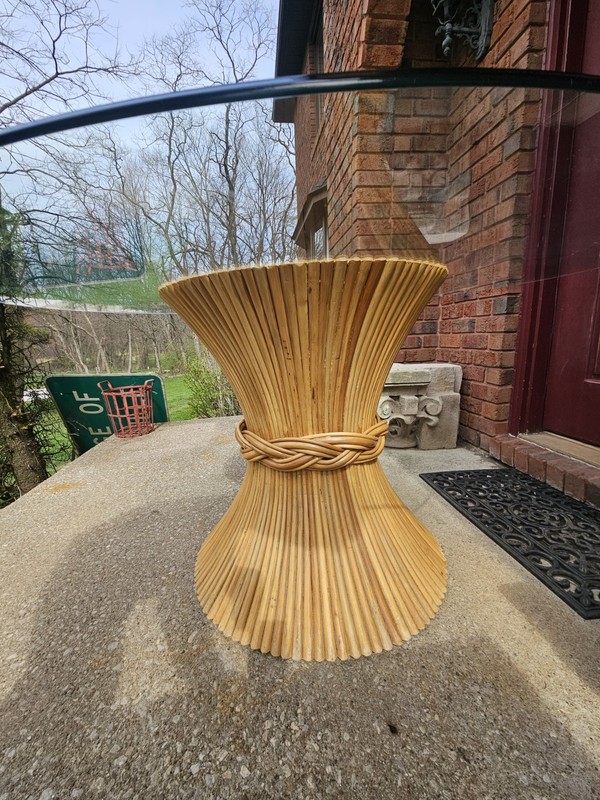 VINTAGE RATTAN BAMBOO DINING TABLE SHEAF OF WHEAT DESIGN CIRCULAR GLASS TOP gallery