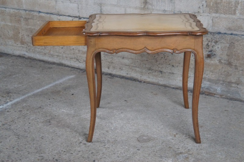 2 French Provincial Walnut Tooled Leather Serpentine Side Accent Tables 24" gallery