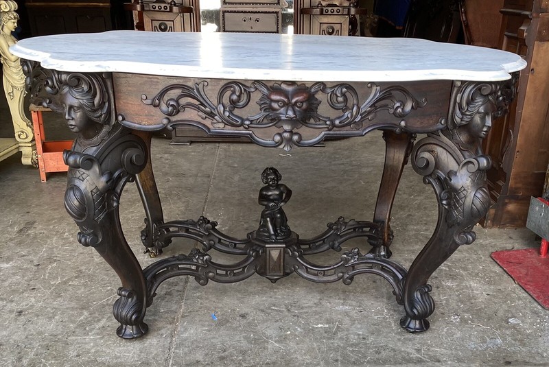ROSEWOOD FIGURAL MARBLE TOP TABLE
