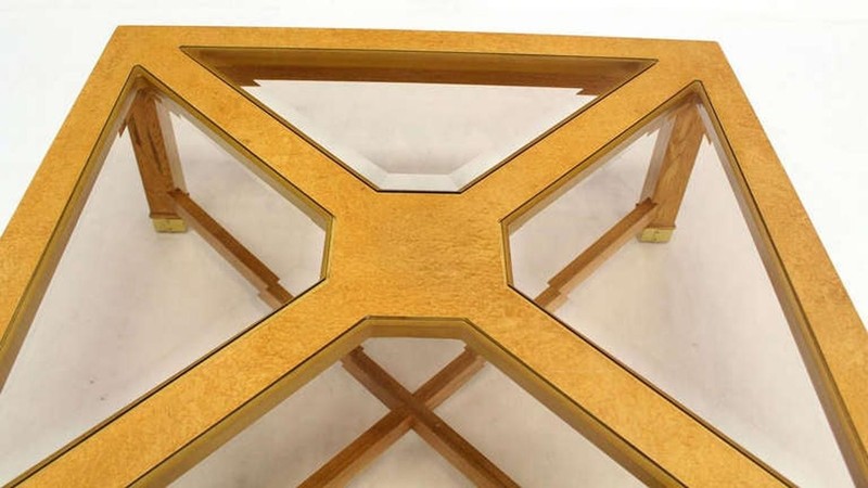 Beveled Smoked Glass Bird's-Eye Maple Brass Square Legs Coffee Table MINT! gallery