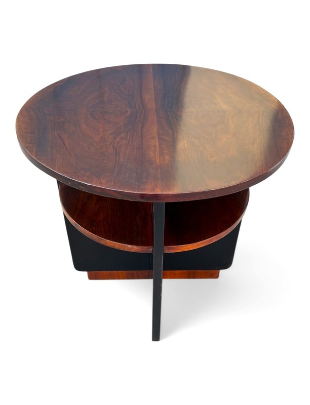 Vintage Art Deco Streamline Modern Walnut Round Side / Accent Table With Shelvin gallery