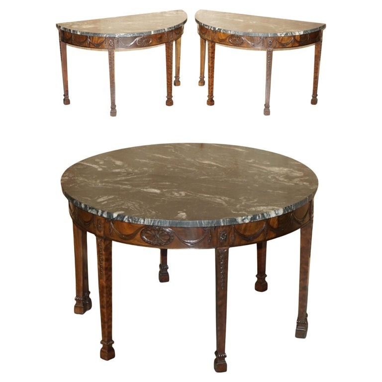 PAIR OF 19TH CENTURY MAHOGANY ADAMS DEMI LUNE WABI-SABI MARBLE CONSOLE TABLES