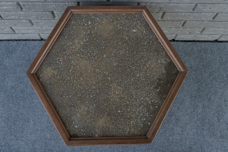 Mid Century Modern John Keal for Brown Saltman Walnut & Glass Hexagon End Table gallery