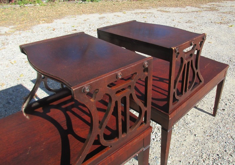 2 Rare Mid-century Lane two tiered end table frework and tapered legs with harps gallery