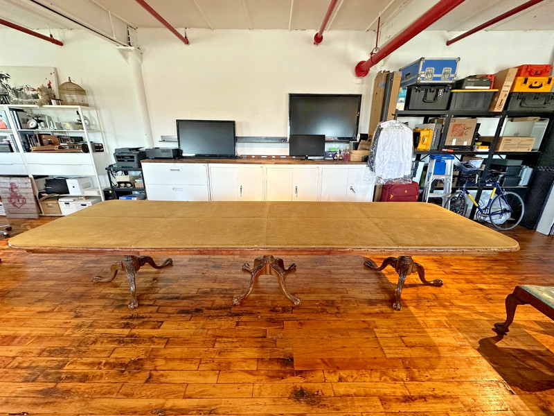 Chippendale Three Pedestal Mahogany Dining Table w/ Two Leaves: Ball & Claw Feet