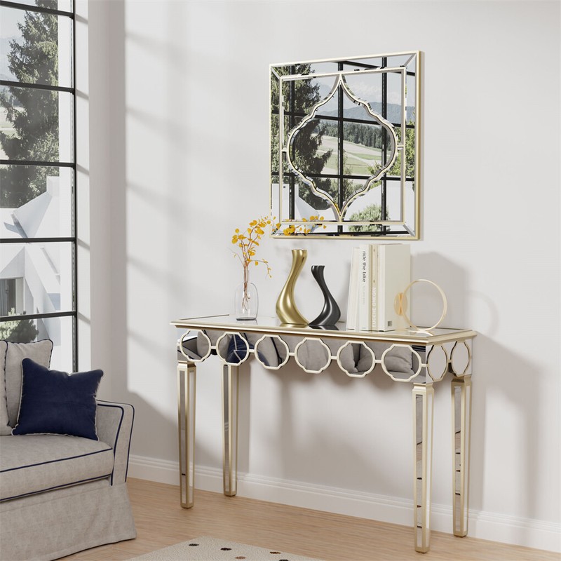 Delicate Mirror Console Table Gold Trim Vanity Table with Stable Tapered Legs gallery