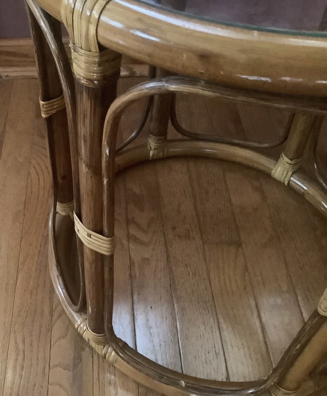 Vintage Rattan Bamboo Round Side End Table Glass Top MCM Tiki Boho Drum gallery