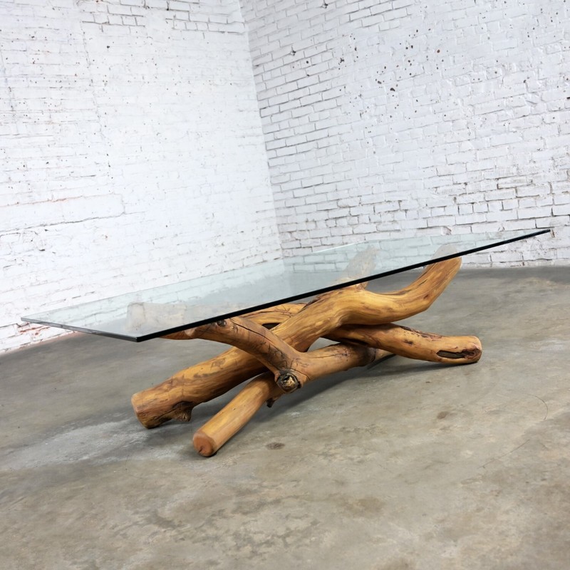 1990’s Coffee Cocktail Table Natural Rustic Twisted Tree Limb Base & Glass Top gallery